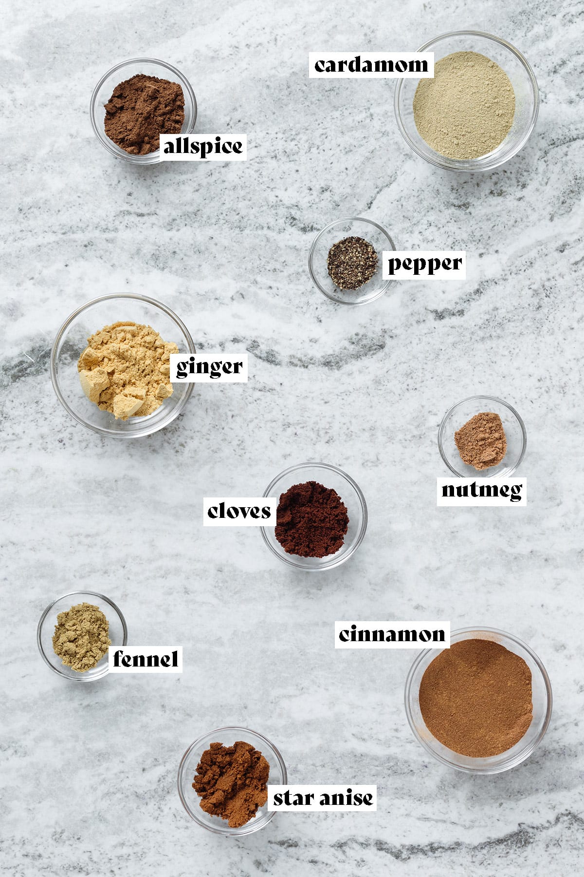 Ground spices measured out in glass bowls laid out on a grey stone background.