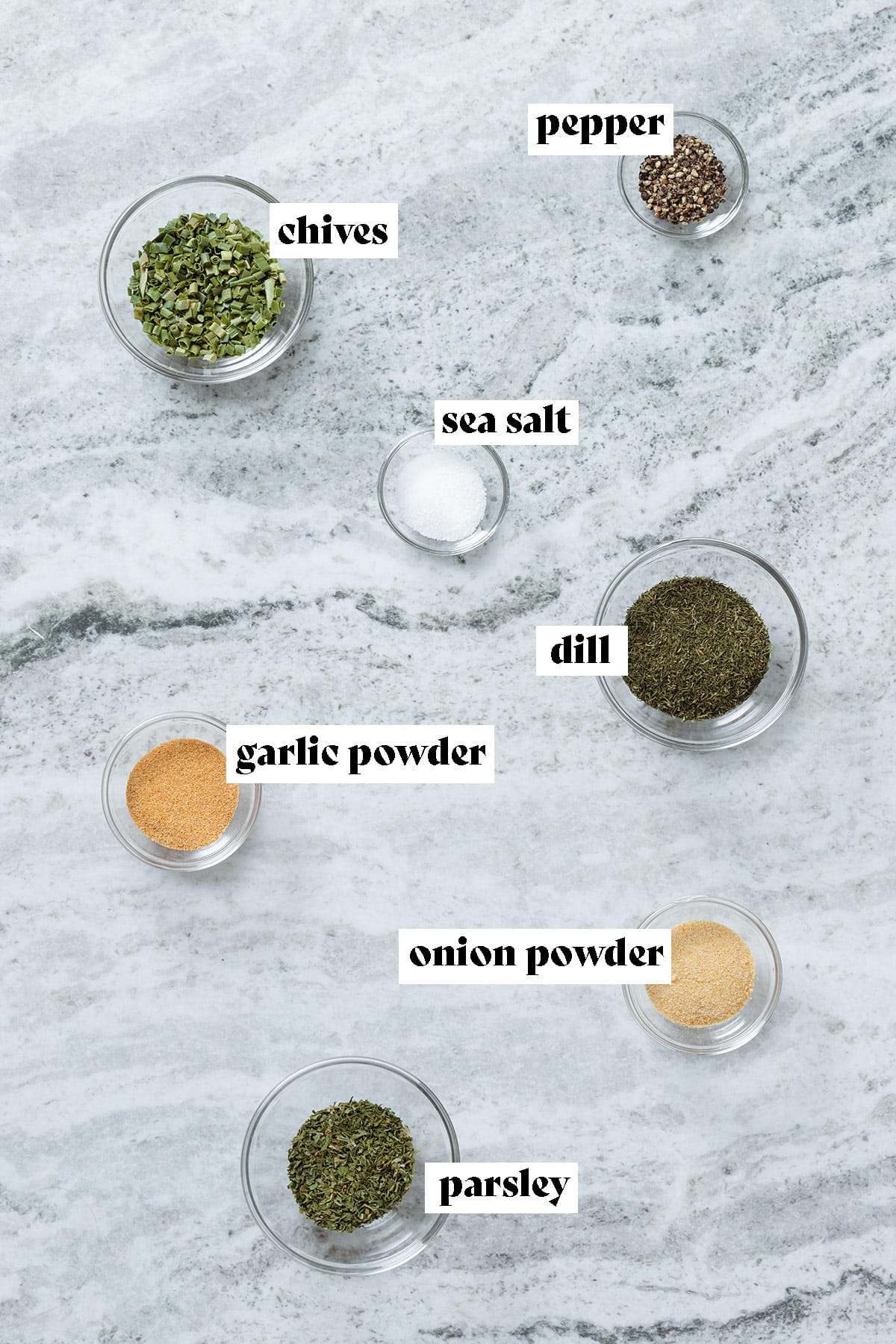 Measured out spices and dried herbs in glass bowl on a grey stone background with text overlay.