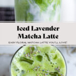 Iced matcha latte in a tall glass sprinkled with dried lavender buds.