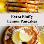 A stack of pancakes garnished with lemon slices, yogurt, and maple syrup.