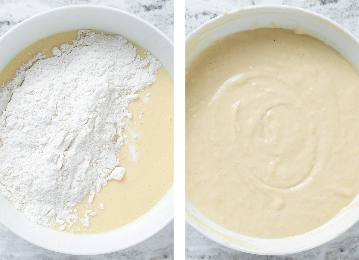 Dry ingredients being mixed with wet ingredients in a large white bowl to form pancake batter.