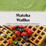 Greek waffles on a green plate garnished with fresh berries, maple syrup, and dusted with matcha powder.