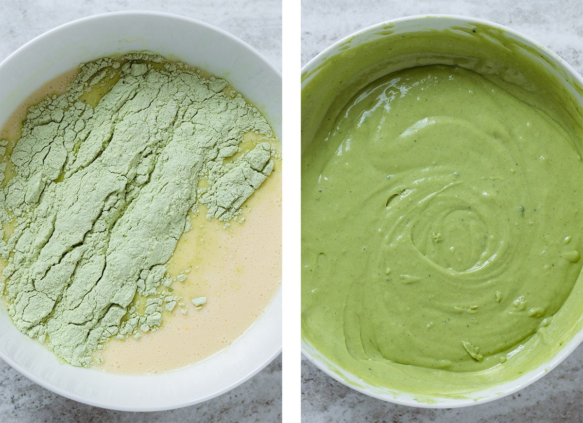 Green flour mix being added to liquid ingredients in a white bowl before and after whisking.