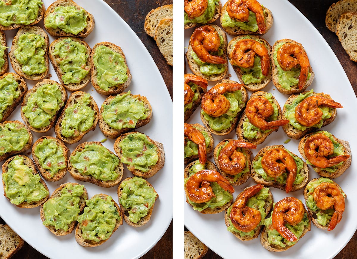 Toasted sliced baguette topped with guacamole on the left and with added shrimp on the right.