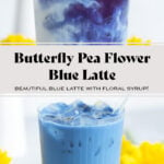 Bright blue iced latte in a tall ribbed glass with a glass straw and with yellow flowers around the glass.
