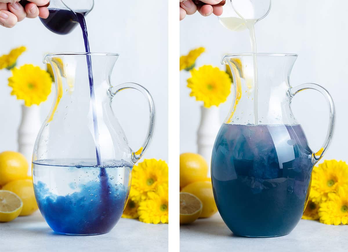 Blue matcha and lemon juice being poured into a tall pitcher with water.