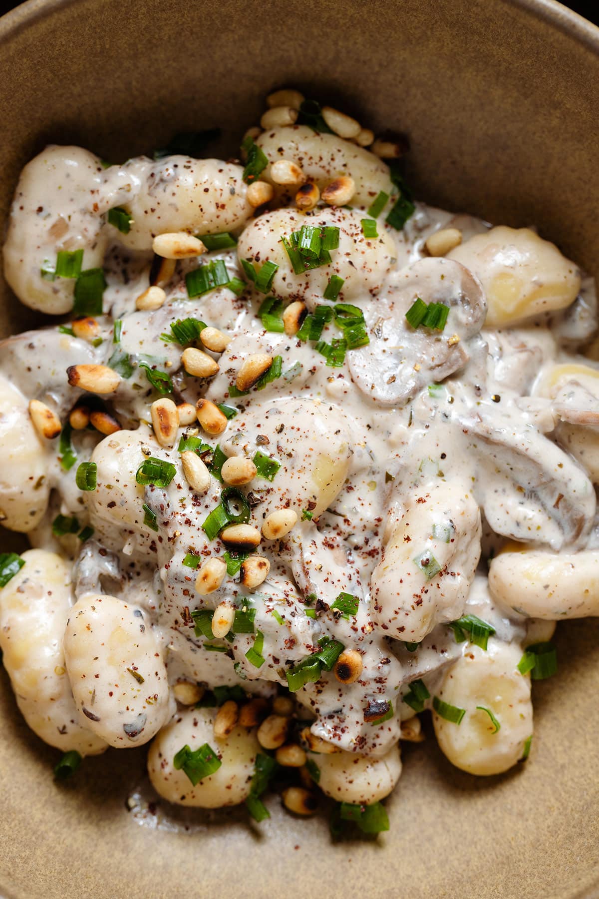 Creamy gnocchi with mushroom in a brown bowl topped with toasted pine nuts, chives, and sumac.
