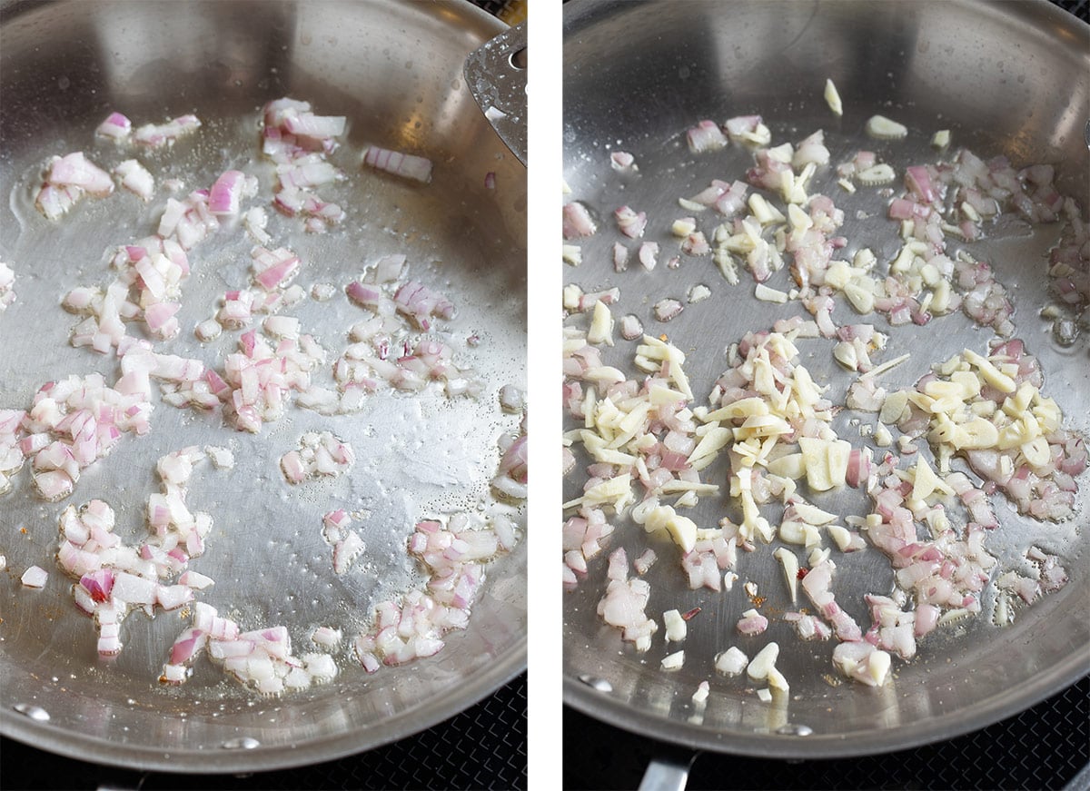 Finely chopped onion and garlic simmering with oil in a large stainless steel pan.