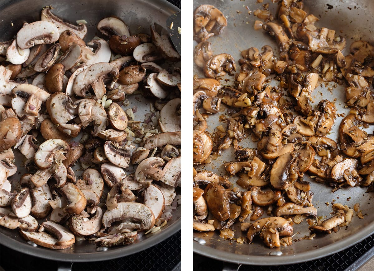 Mushrooms with garlic, onion, and dried herbs before and after cooking in a large stainless steel pan.