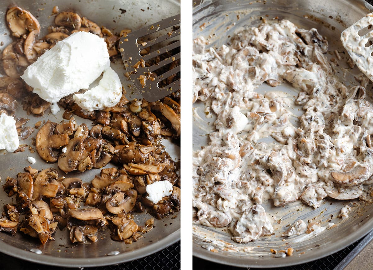 Sauteed mushrooms in a large stainless steel pan being mixed with soft goat cheese.