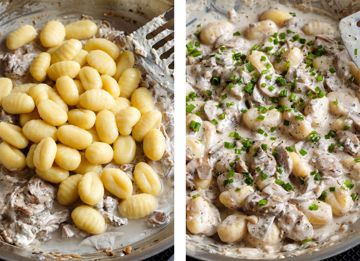 Cooked gnocchi being added to a creamy mushroom sauce in a large stainless steel pan.