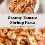 Creamy tomato pasta with shrimp in a low bowl garnished with fresh parsley and two wedges of lemon on the side of the bowl.