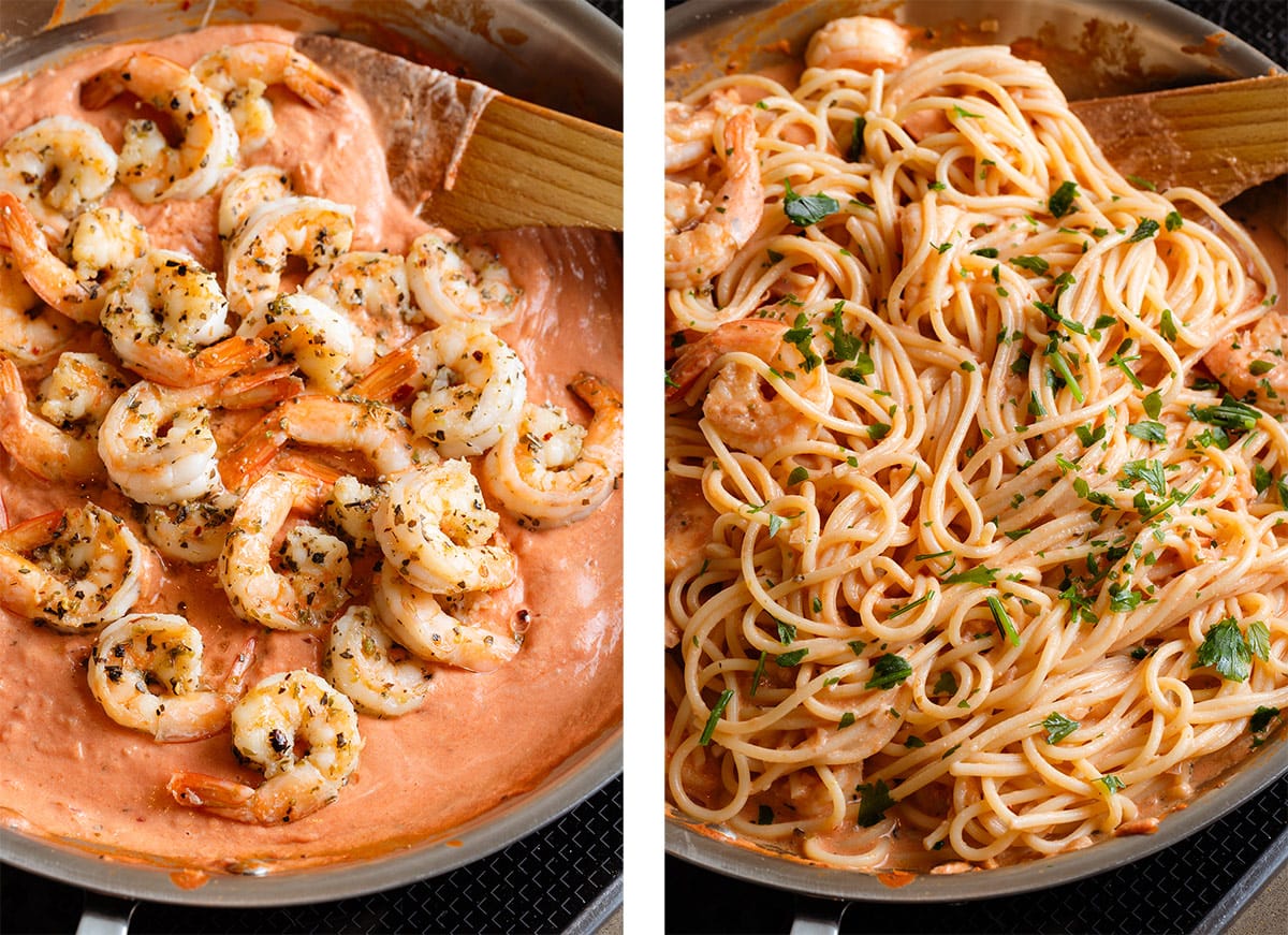 Creamy tomato sauce being tossed with cooked shrimp, spaghetti, and fresh parsley.