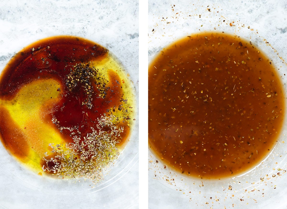 Balsamic dressing in a glass bowl before and after whisking.