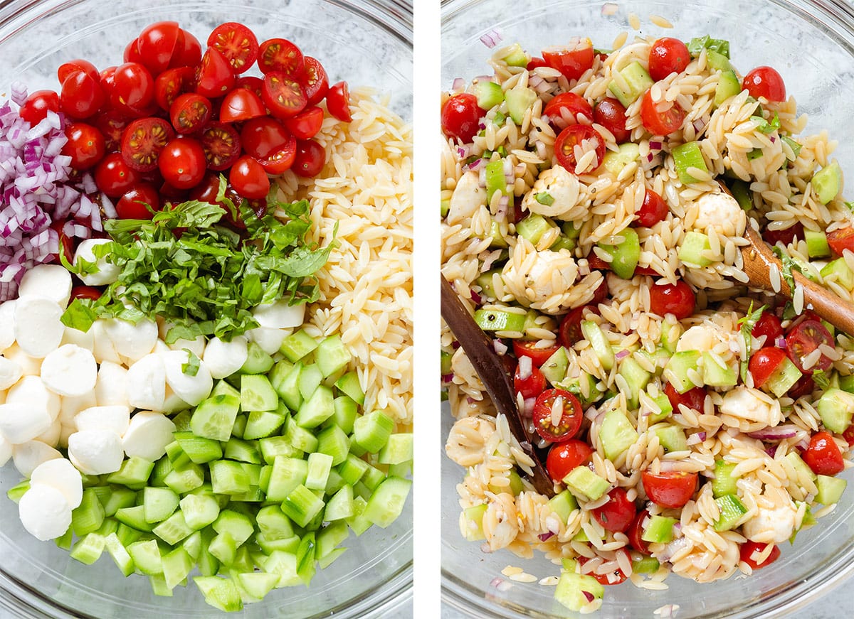 Tomatoes, cucumber, mozzarella, red onion, orzo, and basil being mixed together in a large glass bowl.