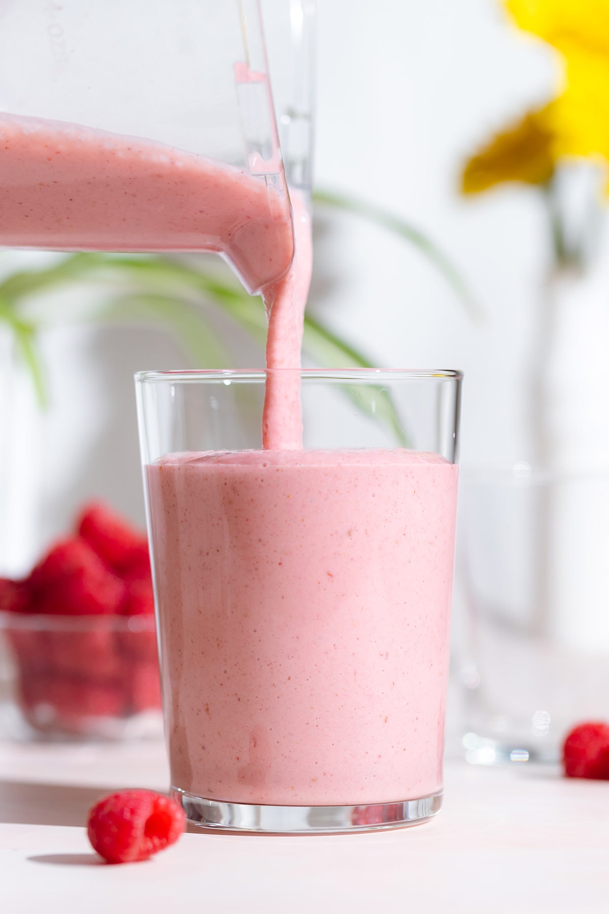 Creamy pink smoothie being poured into a tall glass from a blender with fresh raspberries around the glass.