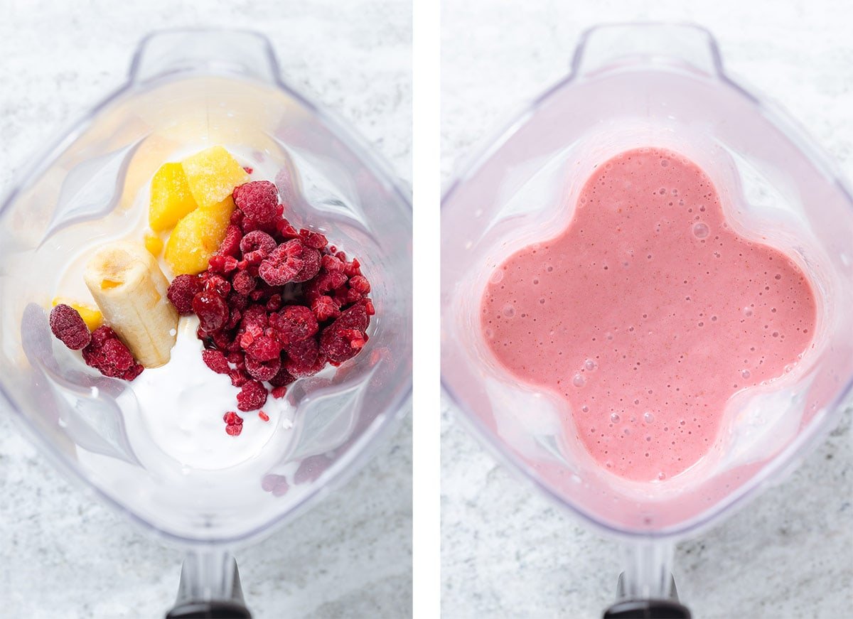 Raspberry smoothie with mango and banana in a blender before and after blending.