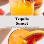 A tequila sunset cocktail in a tall glass with orange juice and red grenadine on the bottom of the glass for an ombre effect garnished with a cocktail cherry and a slice of grapefruit.