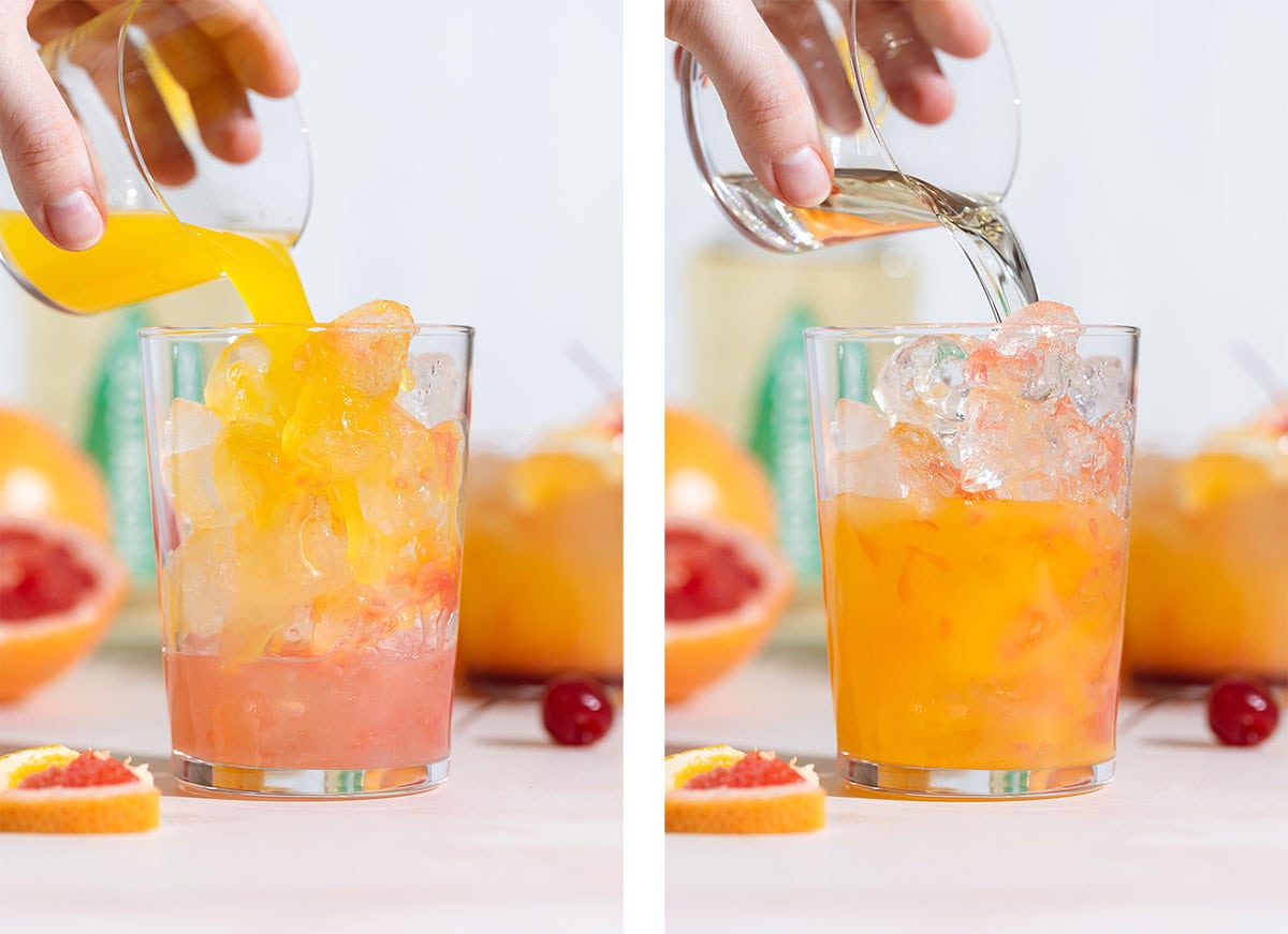Orange juice and tequila being poured over ice into a tall glass with grapefruit juice.
