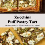 Baked zucchini puff pastry tart sliced into squares on a wooden cutting board.