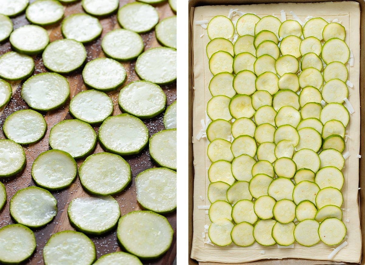 Salted sliced zucchini releasing water on the left and a puff pastry sheet topped with cheese and dried off sliced zucchini on the right.