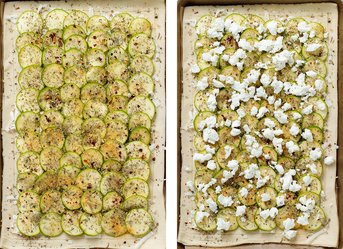 Puff pastry dough topped with cheese, zucchini slices, crumbled cheese, and spices.