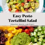 Tortellini pesto salad with fresh chopped veggies and basil in a white bowl.