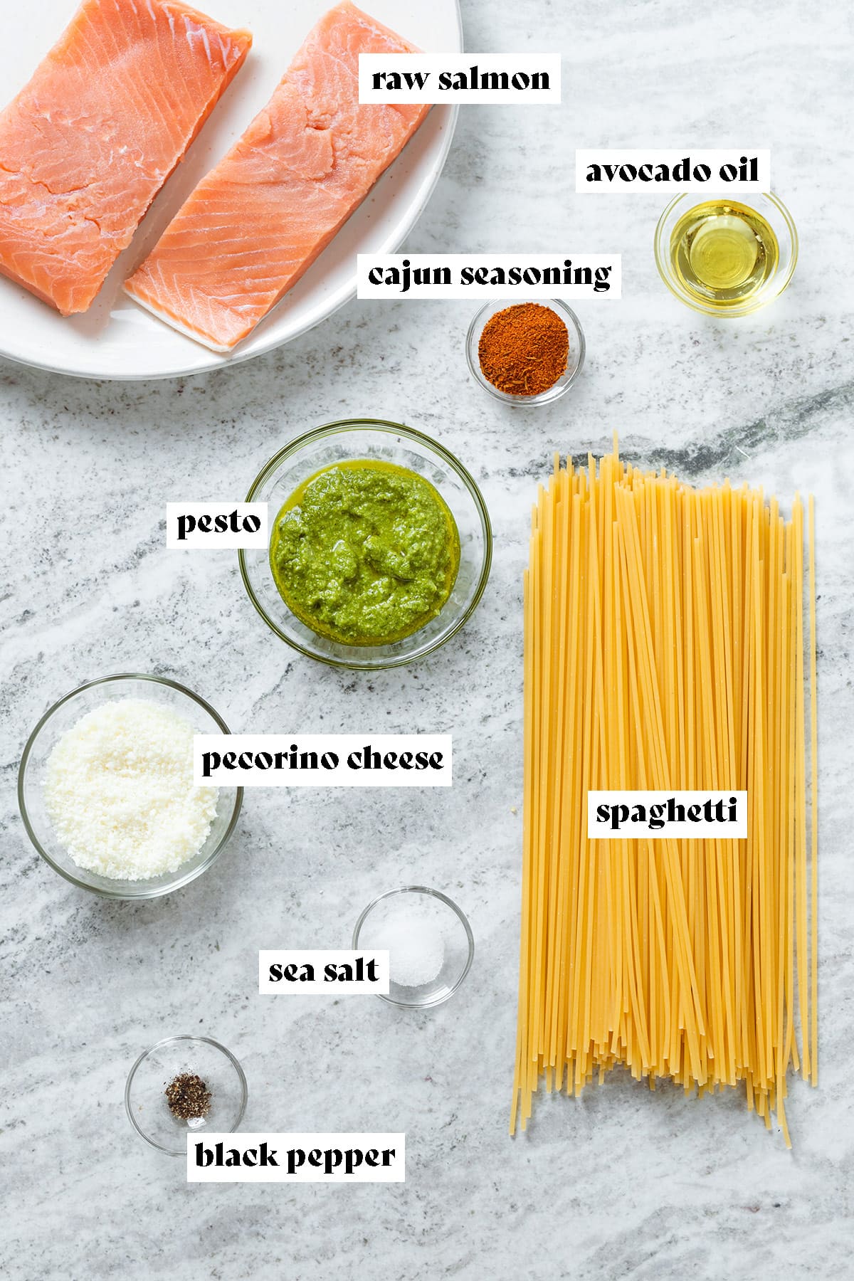 Raw salmon, spaghetti, pesto, pecorino cheese, and spices all measured and laid out on a grey background with text overlay.