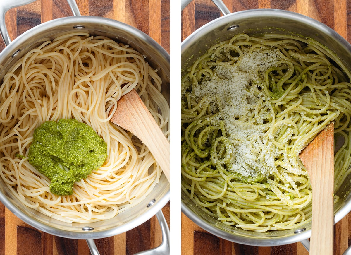 Cooked spaghetti with pesto sauce before after mixing together.