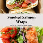 Four smoked salmon veggie wraps sliced in half lying cut side up in a baking pan with parchment paper.