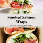 Three smoked salmon veggie wraps cut in half showing the inside stacked on top of each other on a small plate.