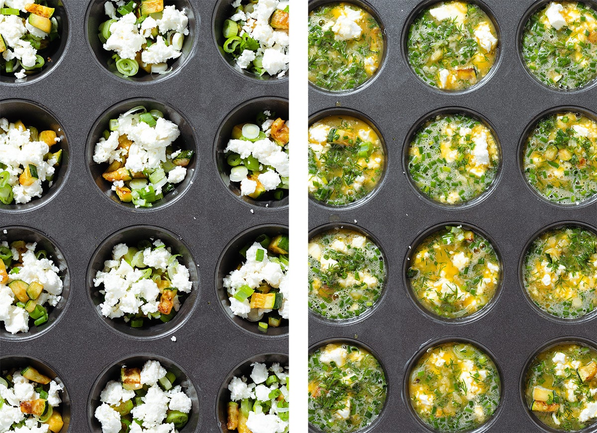 A muffin tin with zucchini, feta, herbs, and whisked eggs.