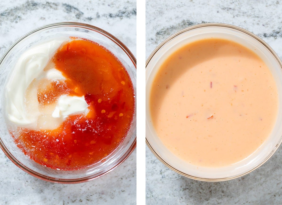 Bang bang sauce in a medium glass bowl before and after whisking ingredients together.