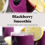 Dark purple smoothie in a short glass garnished with a slice of lemon and fresh blackberries.