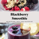 Dark purple smoothie in a short glass garnished with a slice of lemon and fresh blackberries.