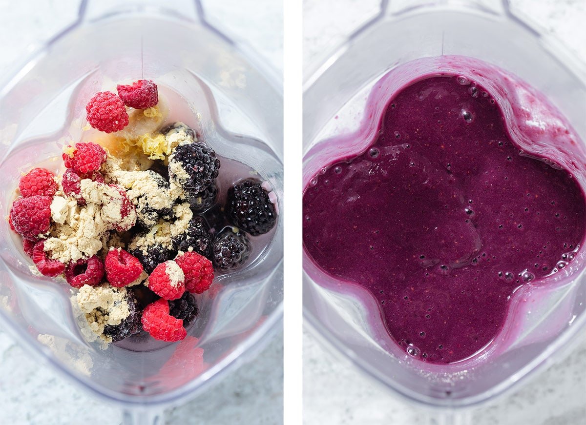 Backberries, raspberries, coconut water, protein powder, and other ingredients in a blender before and after blending.