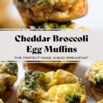 Cheesy golden egg muffins with broccoli and cheddar stacked on top of each other.