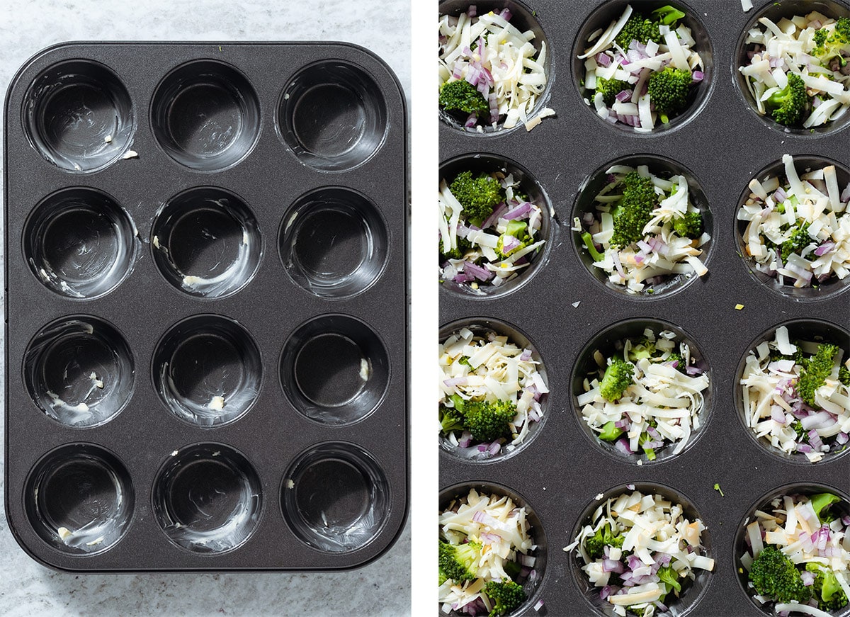 A muffin pan greased with butter and filled with broccoli, grated cheese, and red onion.