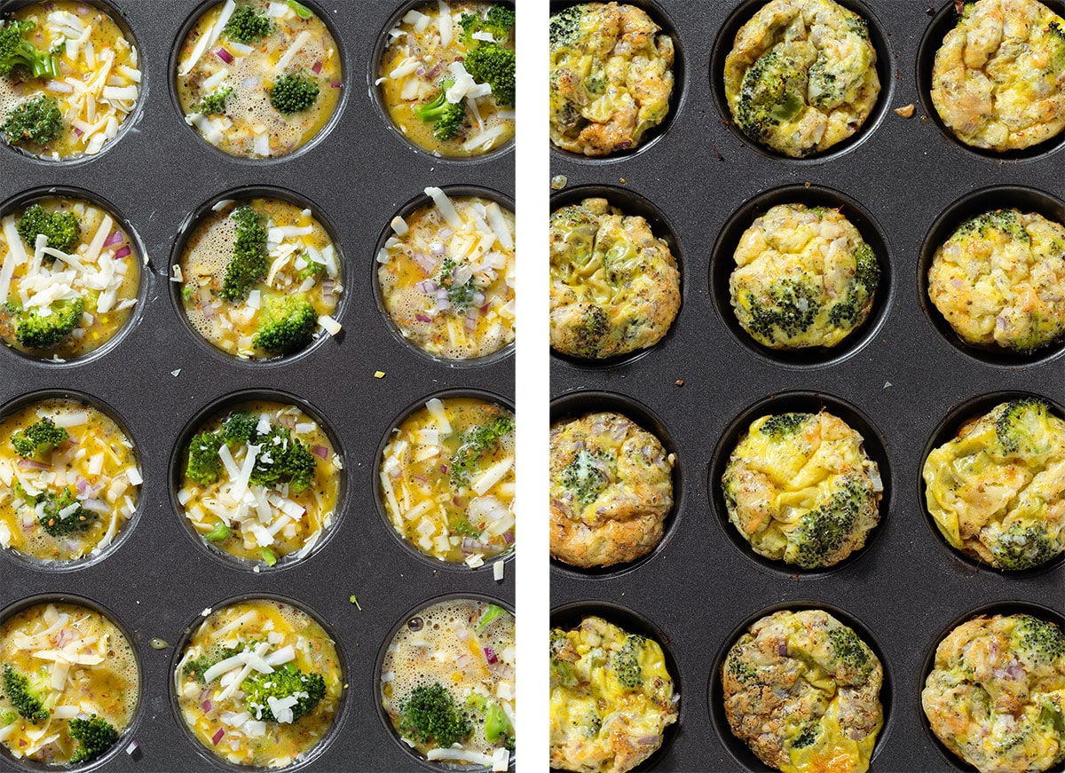 Egg muffins with broccoli and grated cheese in a muffin pan before and after baking.