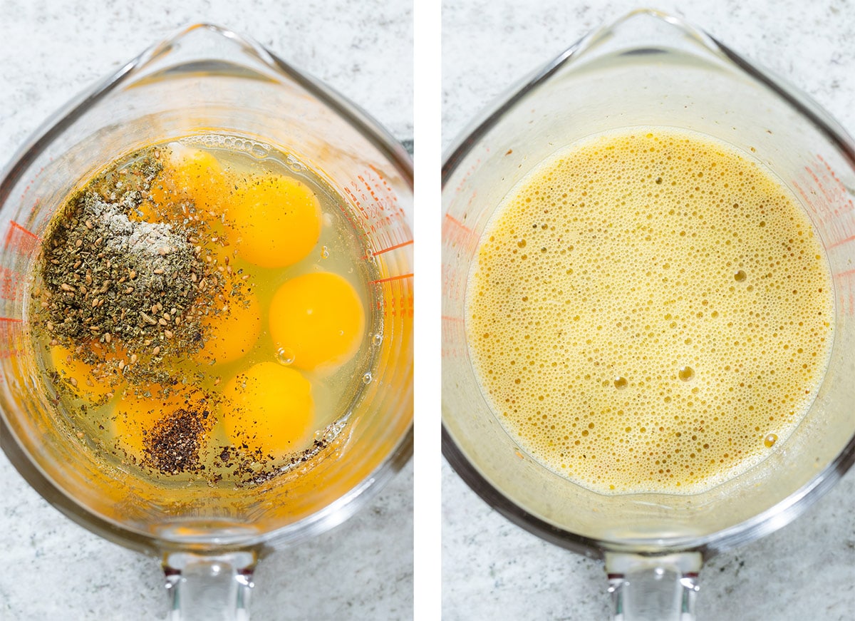 Eggs and spices in a large measuring jug before and after whisking.