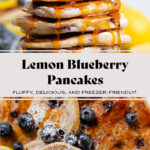 A stack of pancakes garnished with blueberries and lemon slices drizzled with maple syrup.