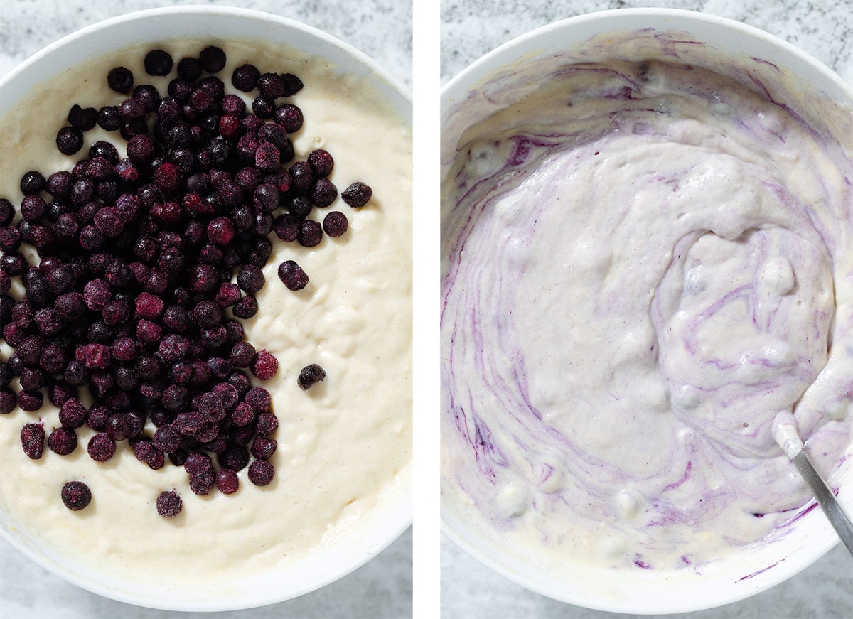 Pancake batter with frozen blueberries before and after stirring.