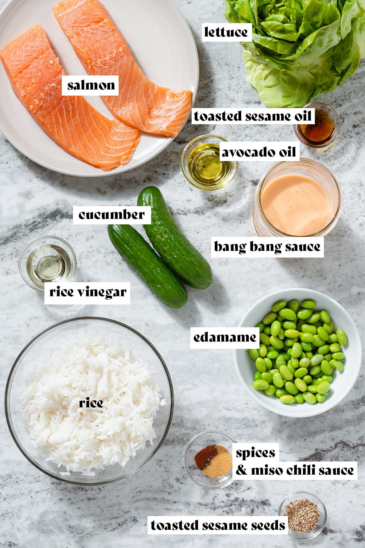 Ingredients in bowls like salmon, sauce cucumber, spices, rice, and edamame with text overlay.