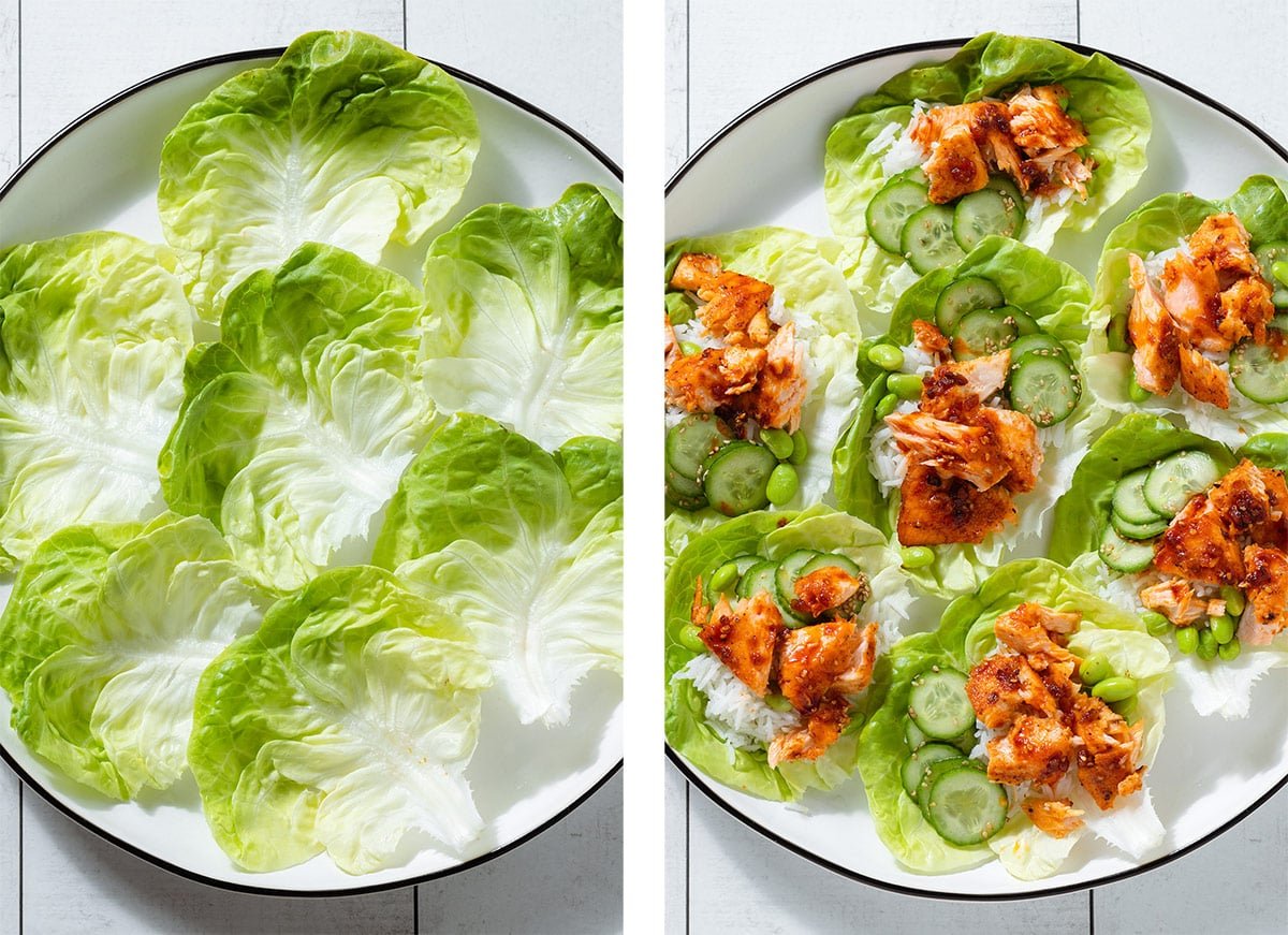 Lettuce cups with rice, flaked salmon, sliced cucumbers, edamame, and orange sauce on a large white plate.