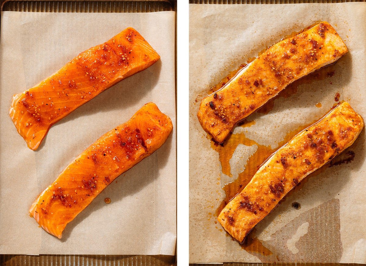 Two slices of seasoned salmon on a baking sheet lined with parchment paper before and after roasting.