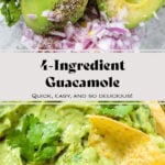 Guacamole in a small glass bowl garnished with fresh cilantro with lots of tortilla chips around the bowl and one dipped into the bowl.