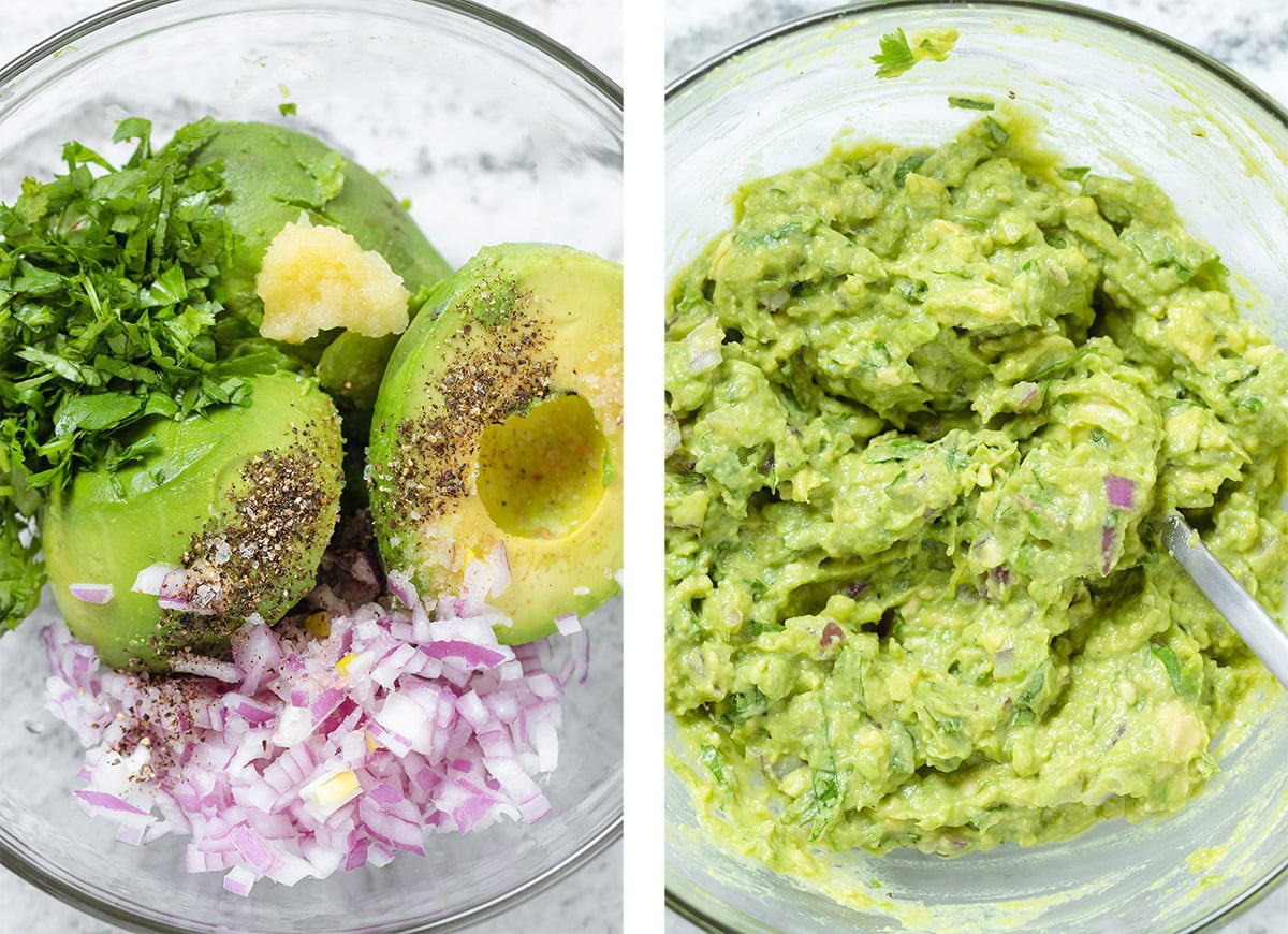 Avocado, red onion, cilantro, and spices in a glass bowl before and after mashing together.