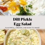 Egg salad in a white bowl garnished with pickles and dill.