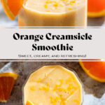 Bright orange smoothie in a small glass garnished with a slice of fresh orange and orange zest.