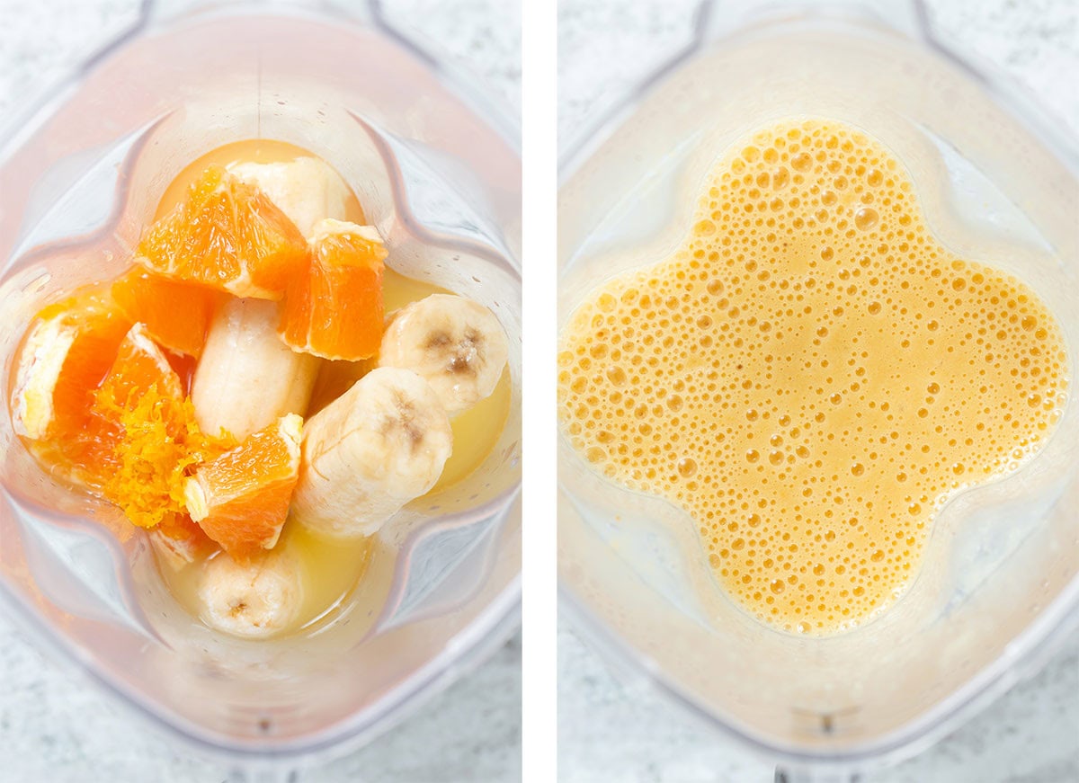 Orange smoothie ingredients in a blender before and after blending.